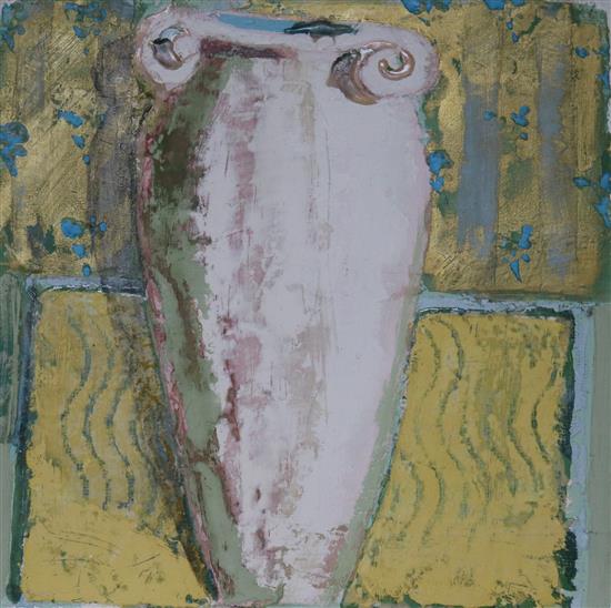 Lydia Bauman, mixed media on board, White vase, Art Supermarket label verso, 29 x 29cm